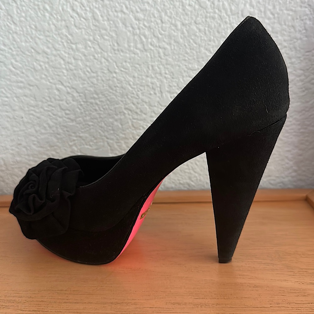 Black suede high heel open toe  platform shoes size 7.5